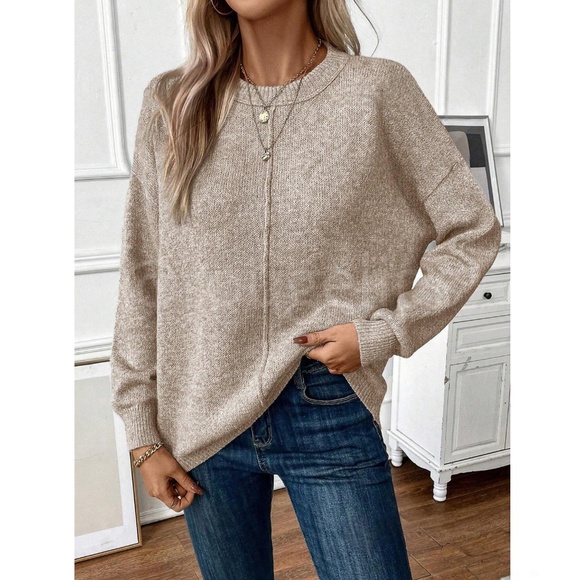 Beige Knit Pullover Loose Fit Sweater Long Sleeve Drop Shoulder - Picture 6 of 7